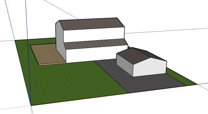 3D-skiss av ett hus och garage placerade på en tomt för att illustrera möjlig planlösning.