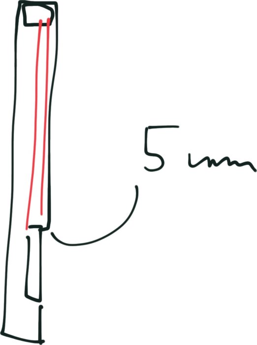 Enkel ritning av trädetalj med markerad 5mm överlappning och fasad kant.