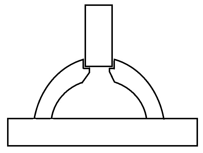 Schematisk ritning av sektion där rökrör möter en kraftigare gjuten del utan inlagt järn eller stål.