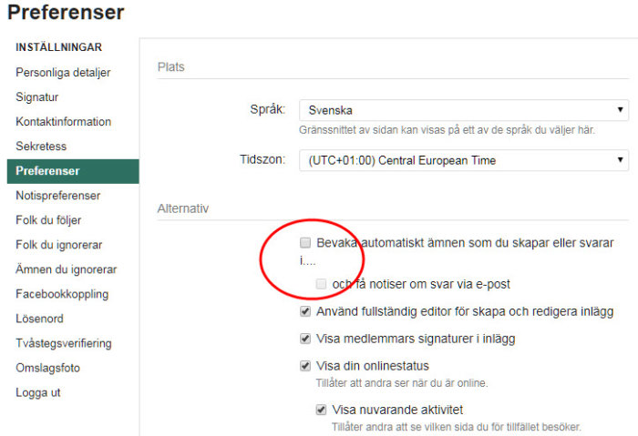Skärmdump av användarinställningar med markerad bevakningsinställning för forumtrådar.