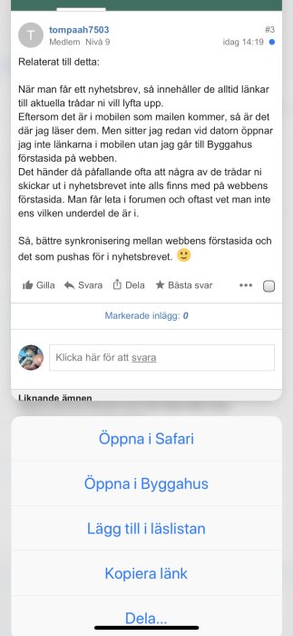 Skärmdump från iPhone visar alternativ för att öppna länk i Safari, app eller lägga till i läslistan.