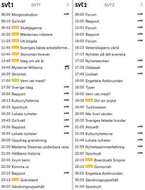 Tablå över TV-program för SVT1 och SVT2 med tider och programnamn, utan nämnd "debatt".