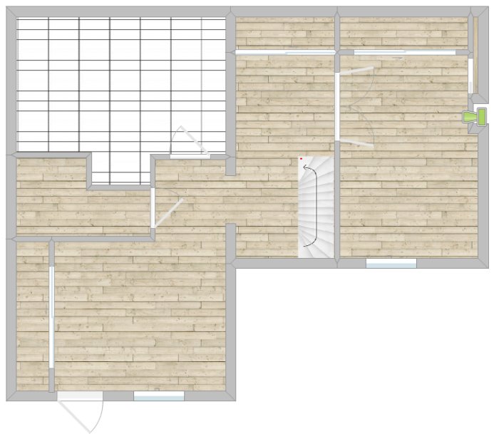 Översiktsritning av källarplan med golvvärme, visar rumslayouten med markerade positioner för potentiella termostater.