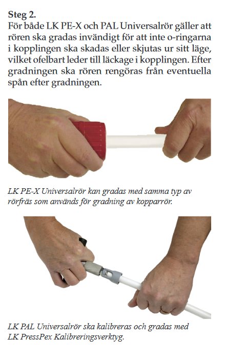 Två händer som utför gradning av ett PEX-rör med ett speciellt verktyg och kalibrering av ett PAL-rör med en annan typ av verktyg.