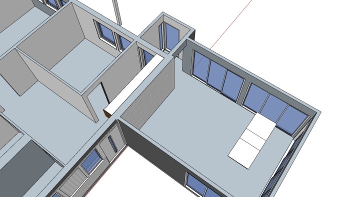 3D ritning av ett hus där plats för en ny altandörr under balkongen nära poolen är markerad.