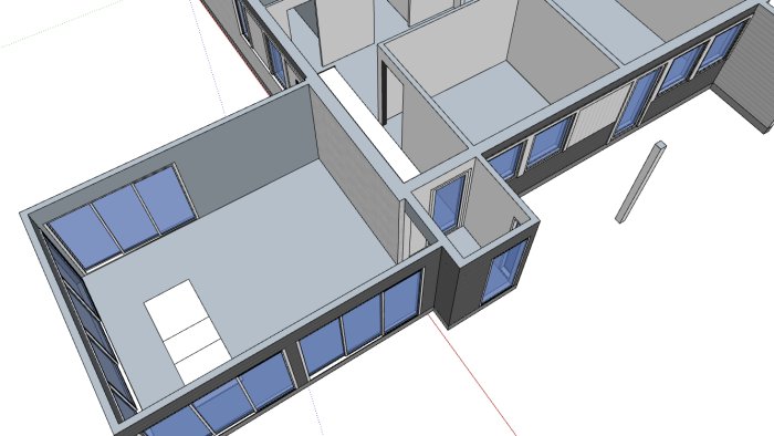 3D-ritning av hus med öppning för altandörr mot pool och uterum till höger.