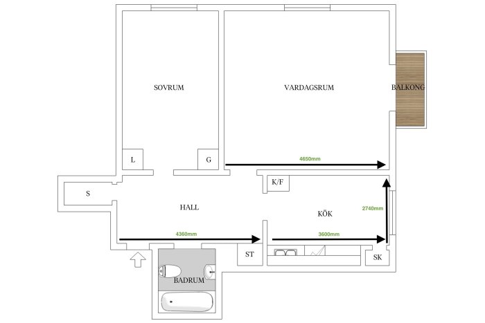 Ritning av en lägenhet med sovrum, vardagsrum, kök, badrum och balkong, med mått för omplanering.