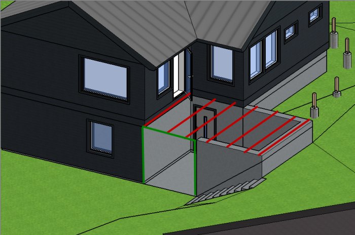 3D-rendering av ett hus med en ofärdig altanstruktur med röda bjälkar och grön ram.