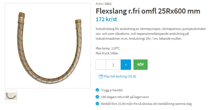 Flexslang med metallväv för anslutning till pumpar, vikt på vit bakgrund.