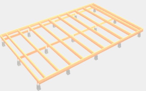 Attefallitalon kehikko, jossa lattialaudoitukset lepäävät palkkien päällä sokkeleissa.