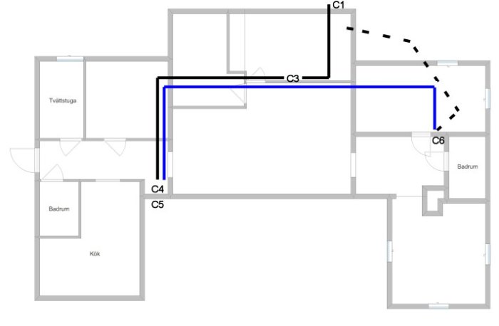 Översiktlig ritning av ett hus med markerade elcentraler (C1-C6) och elektriska ledningar i olika färger som visar strömflödet mellan centralerna.