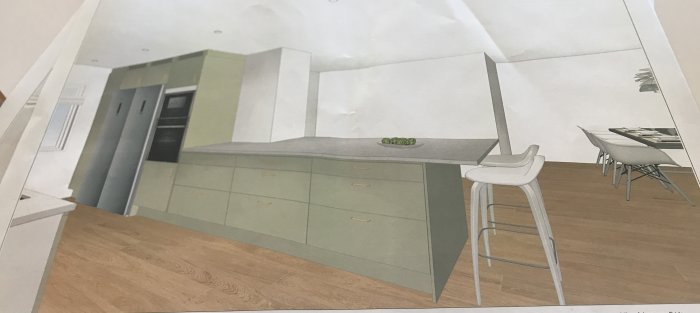 Ritning av ett köksombyggnadsprojekt med köksö, underskåp och matplats, vita och ljusgröna färgtoner.