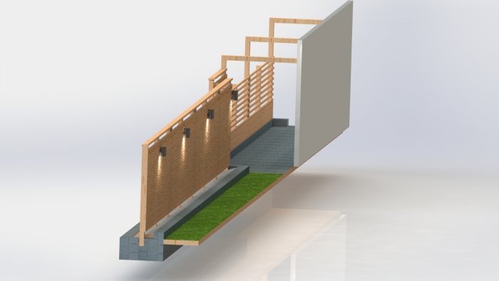 3D-rendering av en mur med ytterligare stenrad, plank och stolpfästen, intill en vit garagevägg.