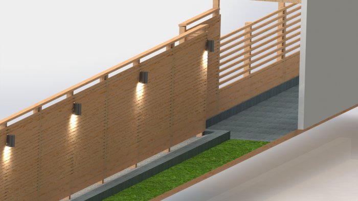 3D-rendering av en trädgård med mur och plank, stolpfästen i mur, gräs och stenläggning.