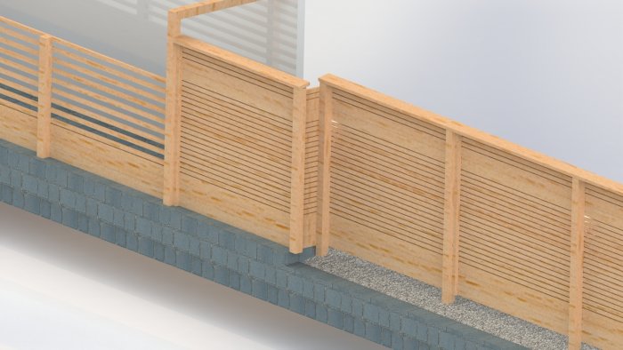 3D-rendering av ett plank med trälameller över en stenmur med makadam nedanför.