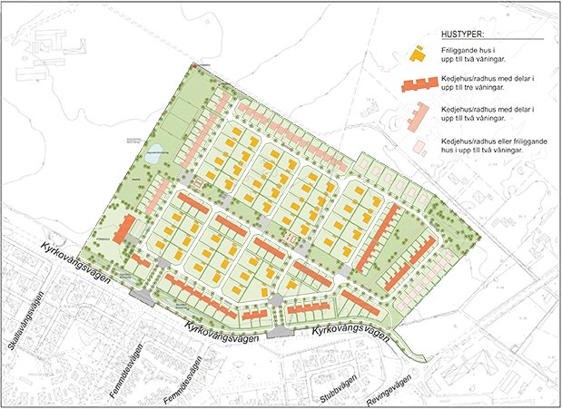 Detaljplan med vita gatumarkeringar, ljusgröna tomtmarkeringar och mörkgröna grönområdesmarkeringar.