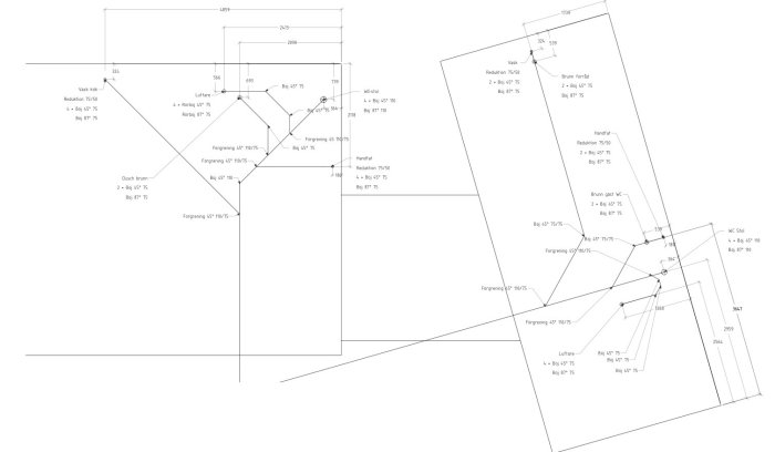 Ritning av avloppssystem för en byggplatta med dimensioner och detaljer för rördragning.