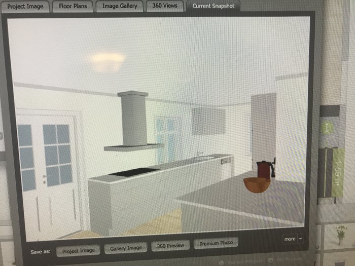 3D-ritning av ett kök med ö och bänk, visar placering av spis och kaffemaskin.