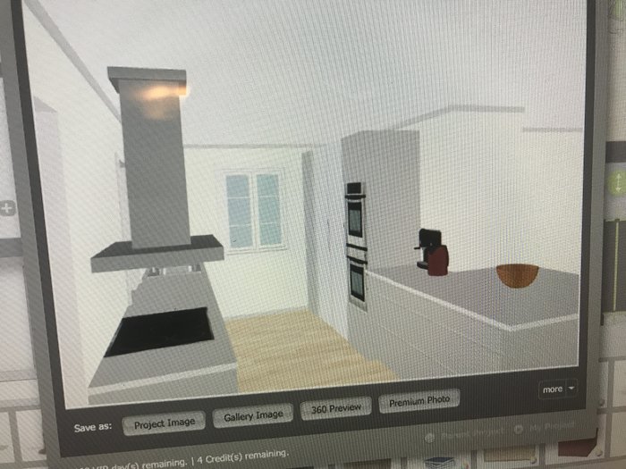 3D-skiss av kökslayout med spis och köksö med plats för kaffemaskin.