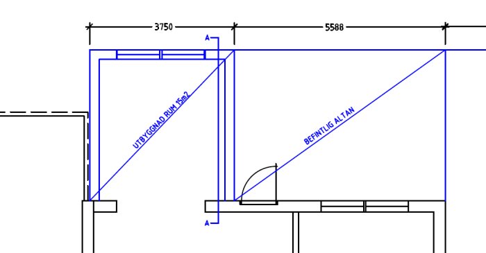 Teknisk ritning av en tillbyggnad och ombyggnad av en altan till uterum, med mått och planlösning.