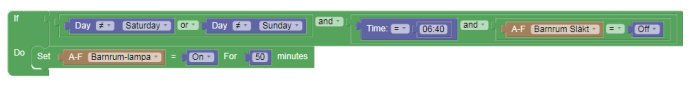 Programmeringsgränssnitt för automatisk regel med fel där lampan ska vara på i barnrummet alla dagar förutom helgen.