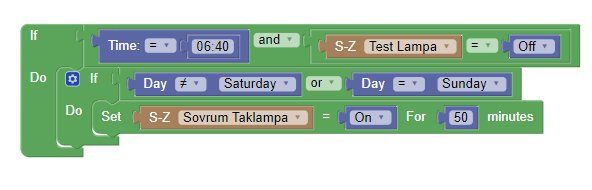 Blockly-skript som visar programmeringslogik för att styra belysning baserat på tid och dag.