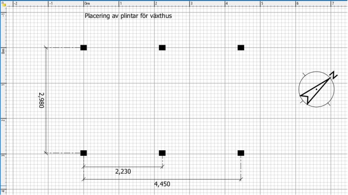 Ritning som visar placering och mått för plintar avsedda för ett växthusbygge.