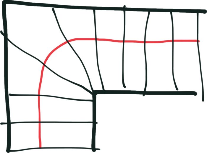 Schematisk skiss över svängd trappas steg och handledare med gånglinje och trappnosar markerade.