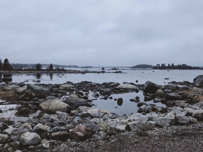 Molnig himmel över stenig strandlinje och stilla vatten med träd i bakgrunden.