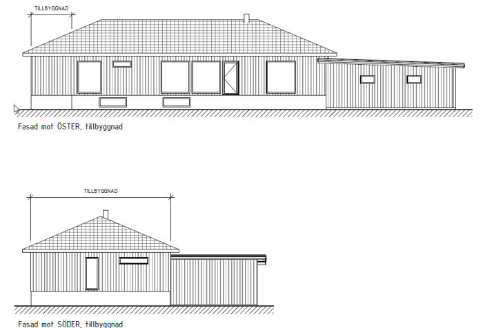 Ritningar som visar öster- och söderfasader av en husutbyggnad.