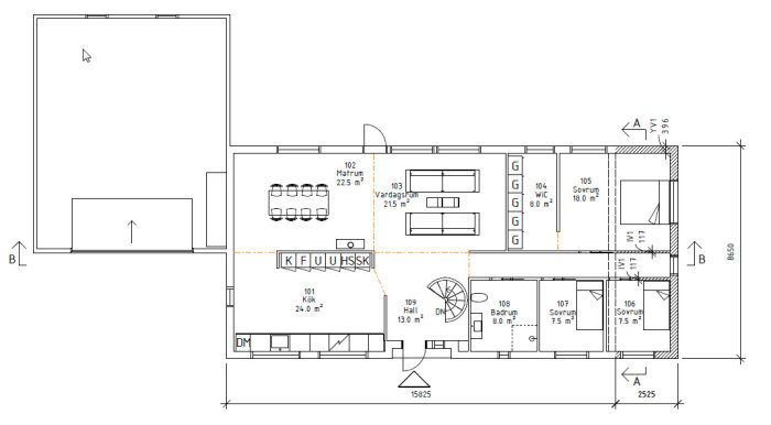 Arkitektritning av en tillbyggnad med planlösning för kök, vardagsrum, badrum och sovrum.