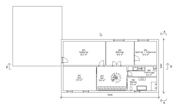 Arkitektritning av en planlösning för en tillbyggnad med sovrum, badrum och andra utrymmen.