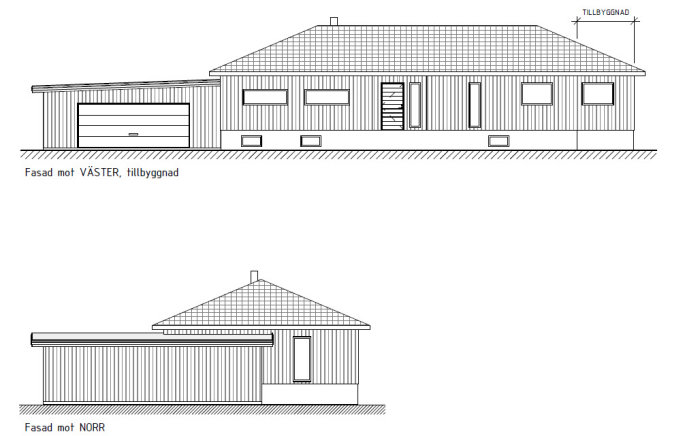 Ritningar av husfasader från sidan och framifrån som visar tillbyggnaden.