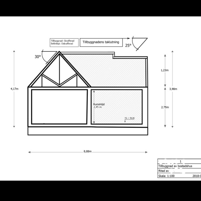 Arkitektonisk sektionsritning av en tillbyggnad till ett bostadshus med måttangivelser.