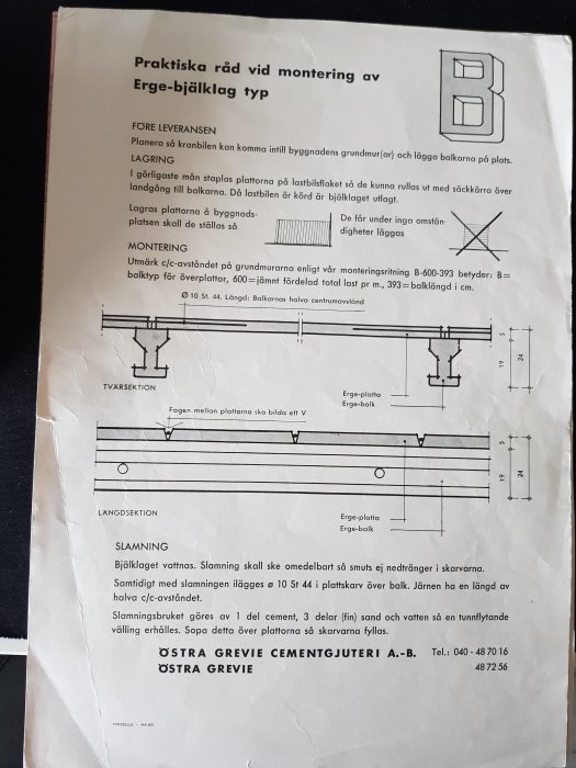 Praktiset ohjeet Erge-pinnoituksen asennukseen sisältäen piirustuksia ja tekstiä osien varastoinnista ja asennuksesta Östra Grevie Cementgjuteri -yritykseltä.