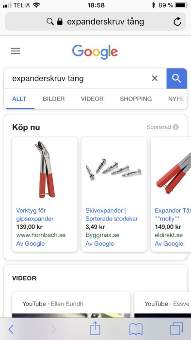 Skärmdump av Google-sökresultat för "expanderskruv tång" med bilder på tänger och skruvar.