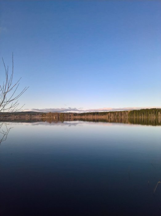 Stilla sjö med klar vattenyta nära vägen, skog i bakgrunden och blå himmel ovanför.
