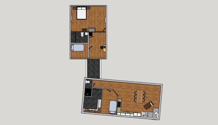 3D-rendering av en husplan med två sektioner, inkluderar vardagsrum, kök och badrum.