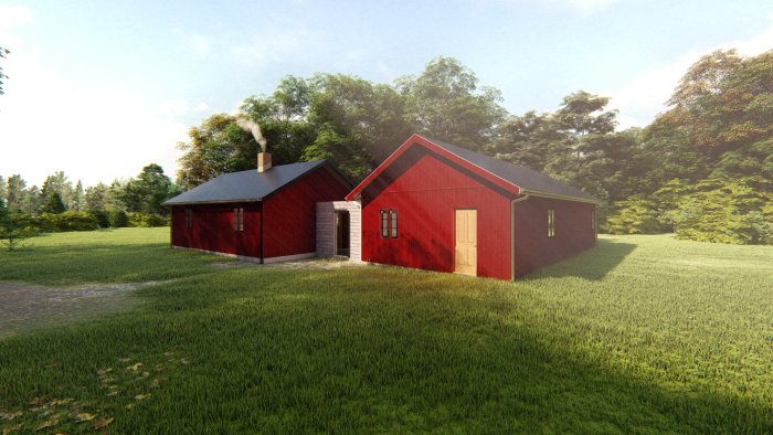 3D-rendering av ett rött hus med plåttak i en lummig naturmiljö, tänkt att ha tegeltak.