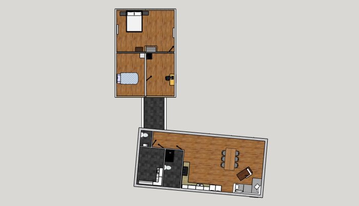 3D-planlösning med VVS i en byggnad, stort vardagsrum och kök, och delbart sovrum.