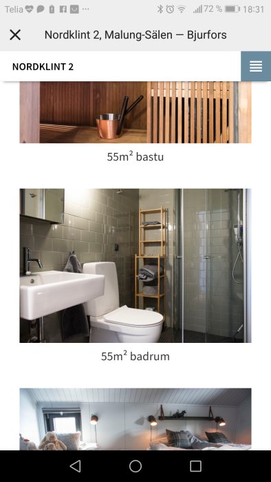 Två interiöra bilder av en bastu och ett badrum, märkta som 55m² vardera, med modernt inredning och badrumsdetaljer.