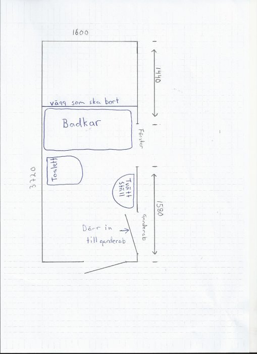 Handritad planritning av ett badrum med beteckningar för badkar, toalett och dörr till garderob.