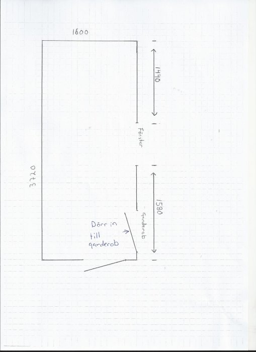 Handritad skiss av en liten garderobsplan med mått och markering för dörren in till garderoben.