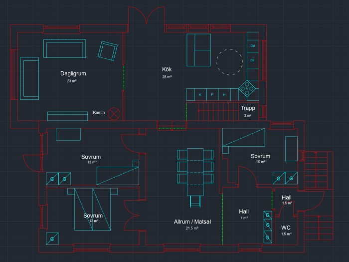 CAD-ritning av planlösning med uppmärkta rum som kök, sovrum och vardagsrum och möblemanget indikerat.