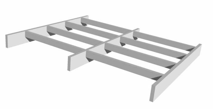 3D-schematisk illustration av tvärgående åsar fällda in mellan takbjälkar.