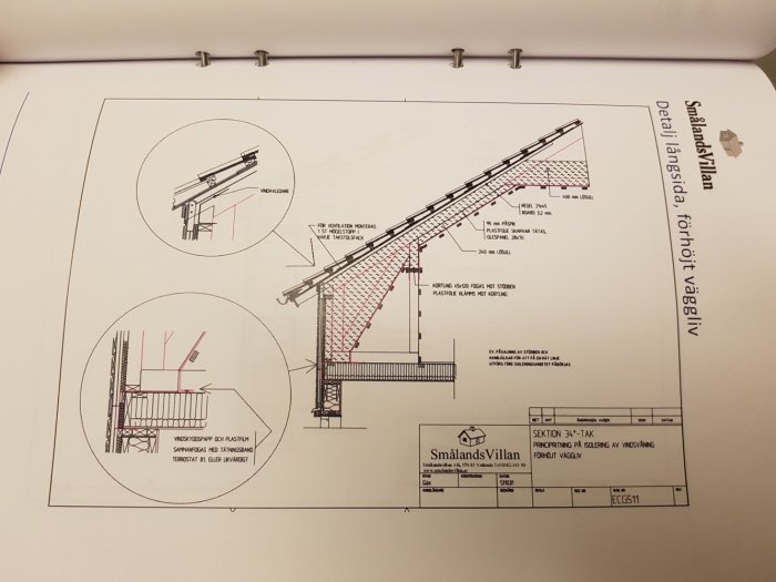 Teknisk ritning som visar detaljer för isolering och konstruktion av tak och väggsektion i ett byggprojekt.