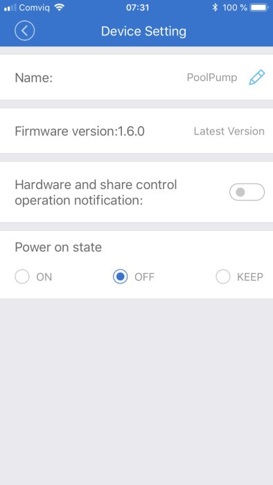Skärmdump av inställningarna i en app för kontroll av en WiFi-strömbrytare benämnd "PoolPump".
