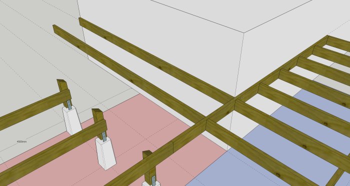 3D-ritning av L-formad altankonstruktion med bärlinor fästa vid väggen.