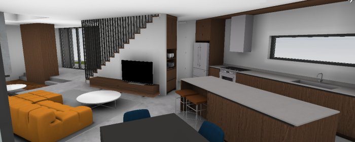 3D-rendering av ett modernt kök och vardagsrum med matt ek inredning och Silestone bänkskiva.