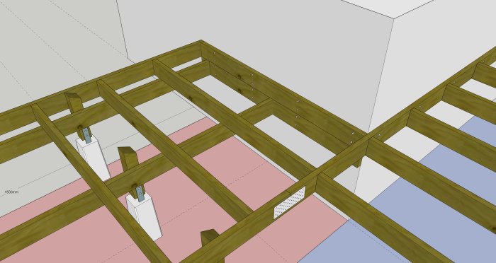 3D-modell av träreglar monterade på en vägg med isolering mellan dem.